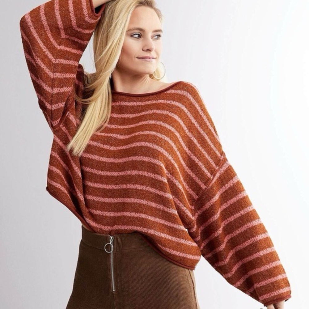 Free People Bardot Slouchy Sweater in Cedar Flower Combo Stripe Sz S - Picture 2 of 14
